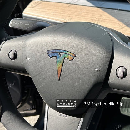 3M Satin Psychedelic Flip Tesla Steering Wheel Trim Decal Kit (4pcs) - Tesla Emblems