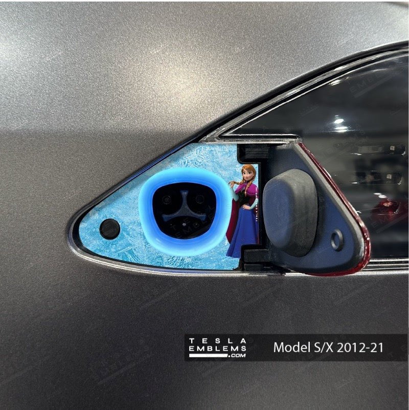 Frozen Anna Tesla Charge Port Wrap - Tesla Emblems