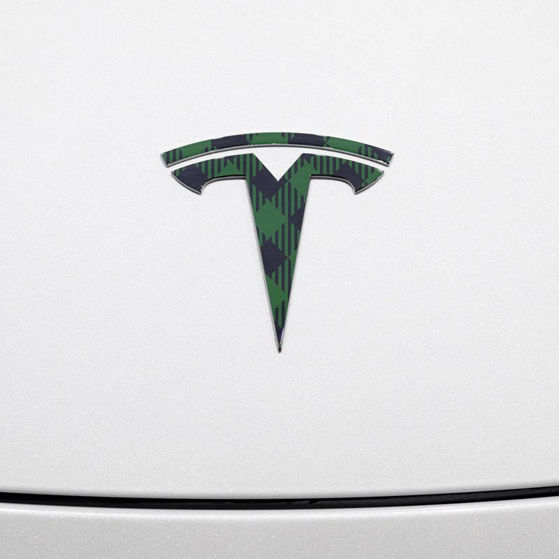 Green Plaid Tesla Emblem Decals (Front + Back Emblem Decals) - Tesla Emblems