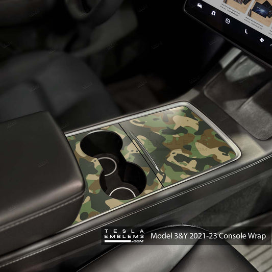 Military Green Camo Tesla Center Console Wrap Kit - Tesla Emblems