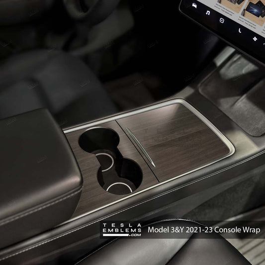 Dark Cherry Woodgrain Tesla Center Console Wrap Kit - Tesla Emblems