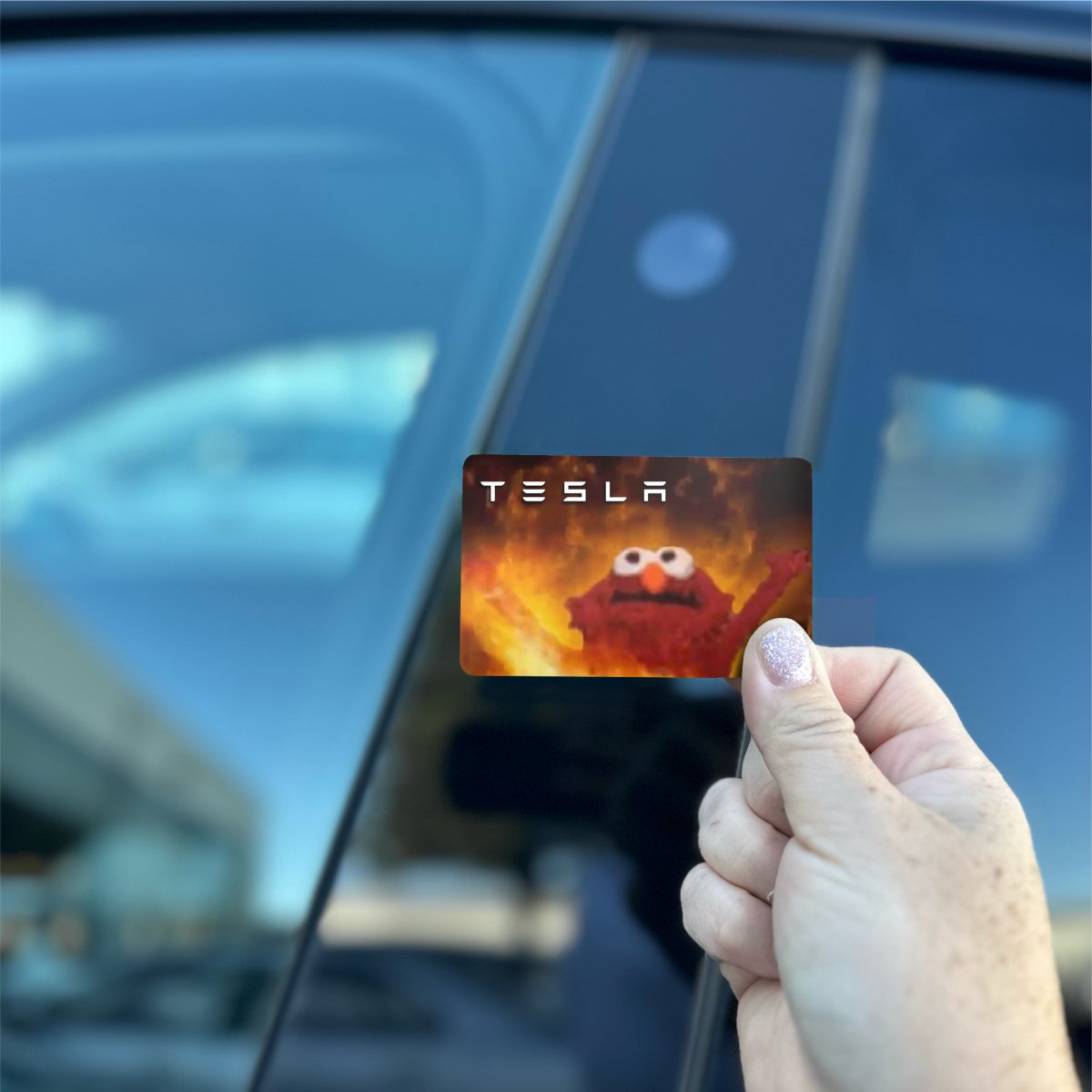 Elmo on Fire Meme Tesla Keycard Decal - Tesla Emblems