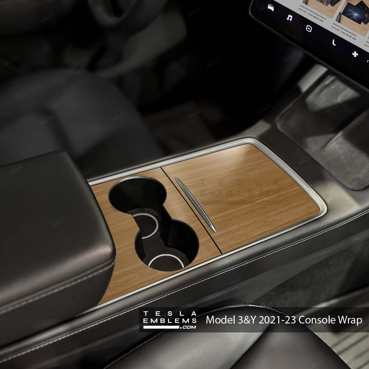 Golden Oak Woodgrain Tesla Center Console Wrap Kit - Tesla Emblems