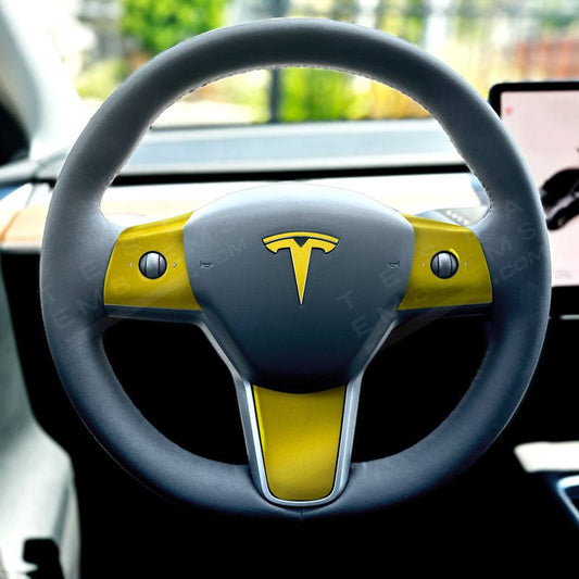 KPMF Matte Iced Yellow Tesla Steering Wheel Trim Decal Kit (4pcs) - Tesla Emblems