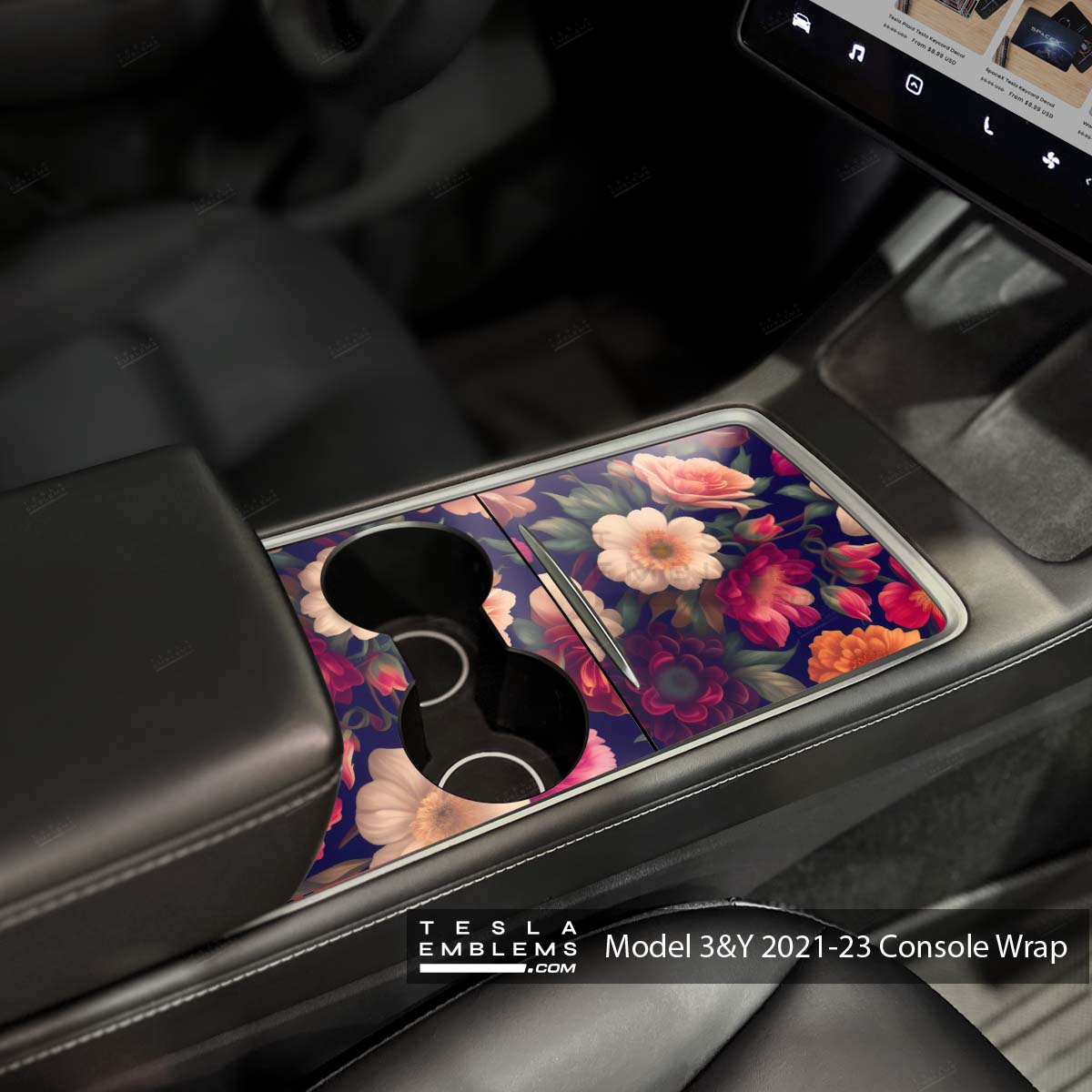 Midnight Bloom Tesla Center Console Wrap Kit - Tesla Emblems