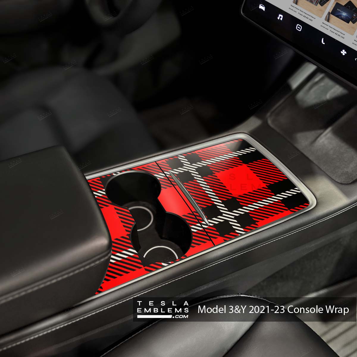 Red Plaid Center Console Wrap Kit - Tesla Emblems