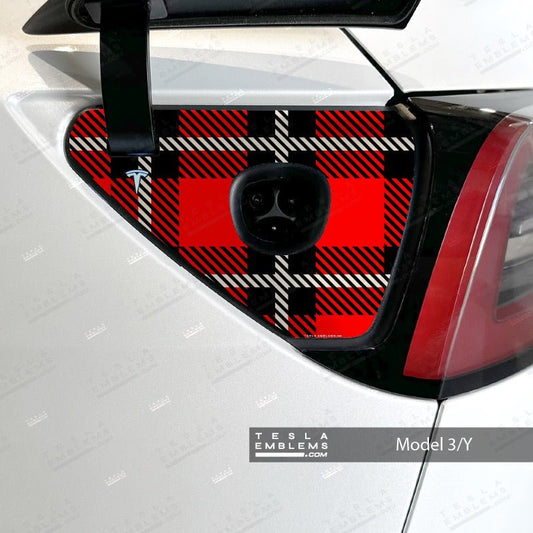 Red Plaid Tesla Charge Port Wrap - Tesla Emblems