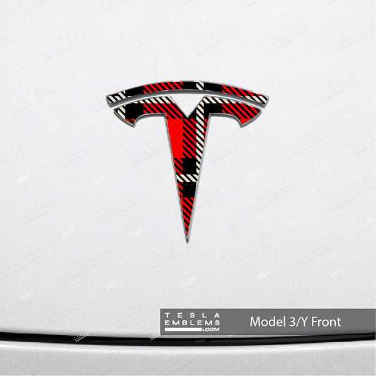 Red Plaid Tesla Emblem Decals (Front + Back Emblem Decals) - Tesla Emblems