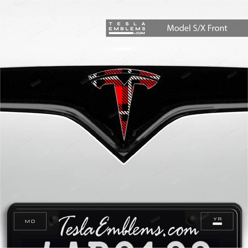 Red Plaid Tesla Emblem Decals (Front + Back Emblem Decals) - Tesla Emblems