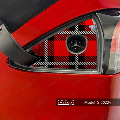 Red Plaid Tesla Charge Port Wrap - Tesla Emblems