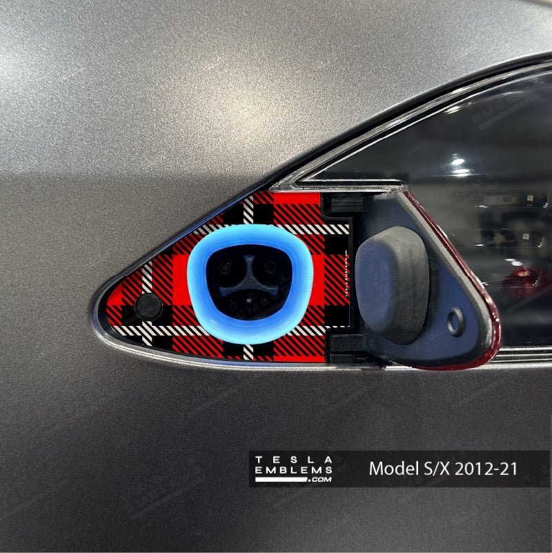 Red Plaid Tesla Charge Port Wrap - Tesla Emblems