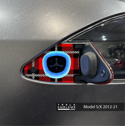 Red Plaid Tesla Charge Port Wrap - Tesla Emblems