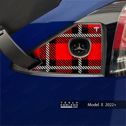 Red Plaid Tesla Charge Port Wrap - Tesla Emblems