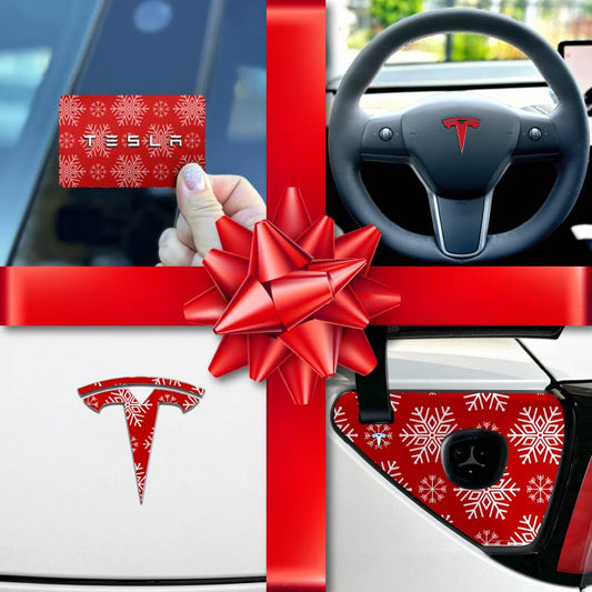 Holiday Bundle Red Snowflakes Tesla Wrap Kit - Tesla Emblems