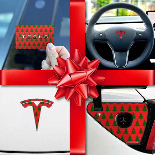 Holiday Bundle Red Xmas Trees Tesla Wrap Kit - Tesla Emblems