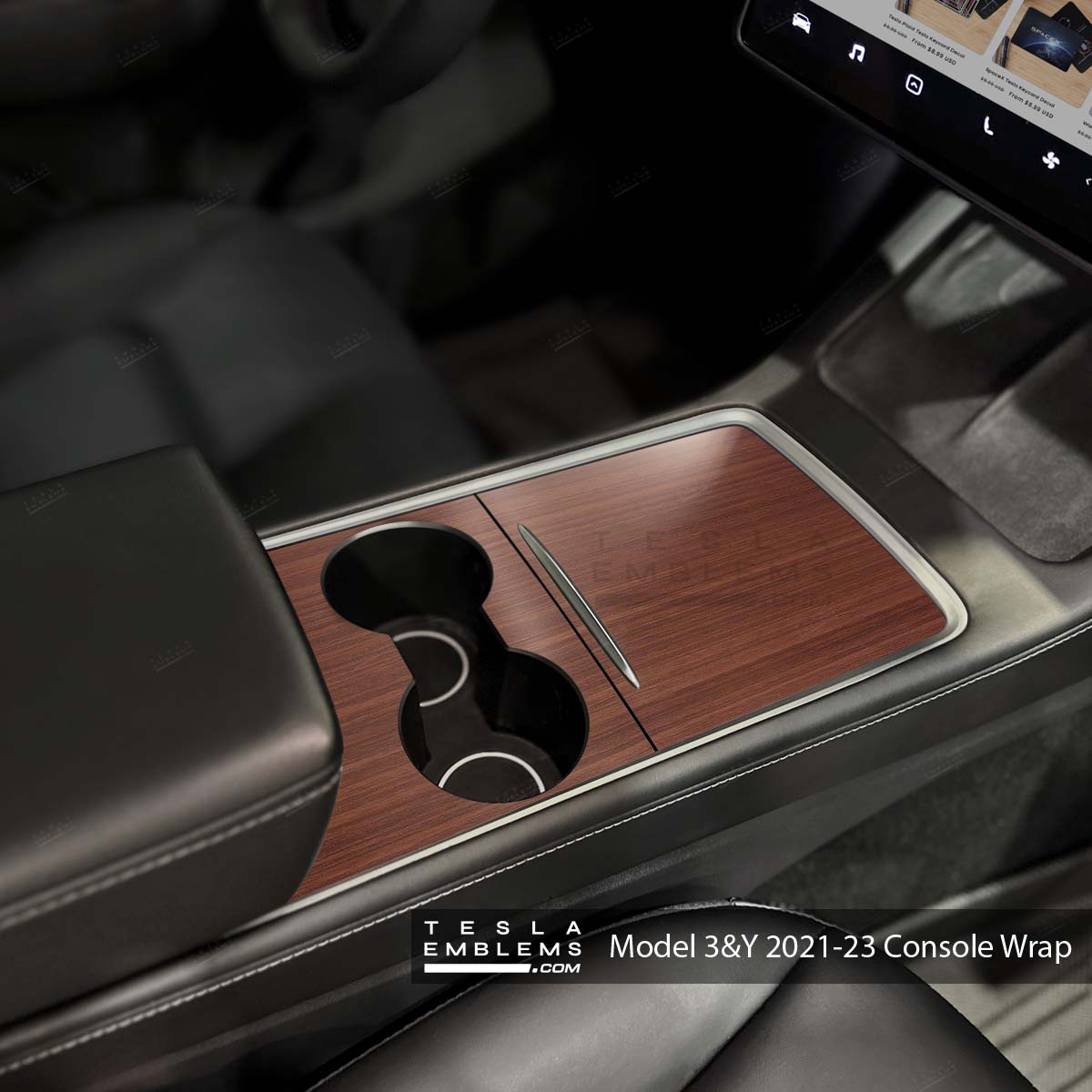 Redwood Woodgrain Tesla Center Console Wrap Kit - Tesla Emblems