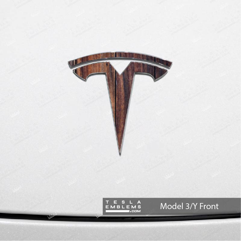 Wood Grain Tesla Emblem Decals (Front + Back) - Tesla Emblems