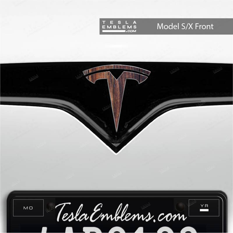 Wood Grain Tesla Emblem Decals (Front + Back) - Tesla Emblems